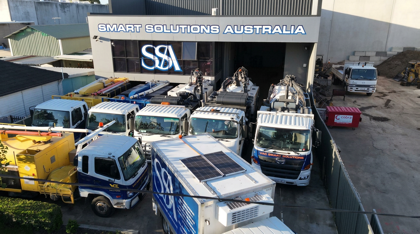 Smart Solutions Australia fleet of hydro-excavation and jet vac trucks lined up at the depot